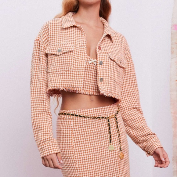Cider Jackets & Blazers - Cider Orange Tweed Houndstooth Raw Hem Crop Tank Top AND Jacket